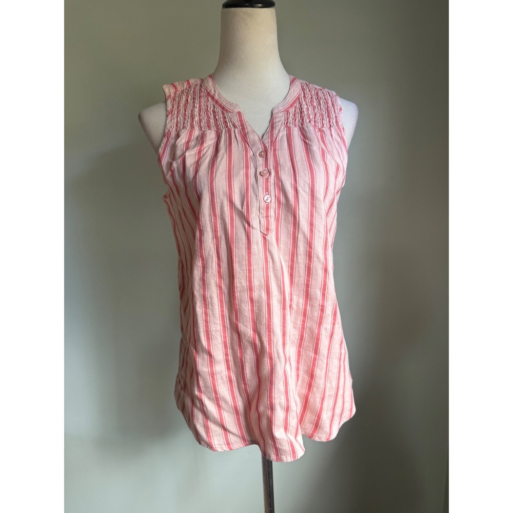 Market Spruce Genevieve Smocked Linen Tank Top Pink Stripe Small boho preppy NWT